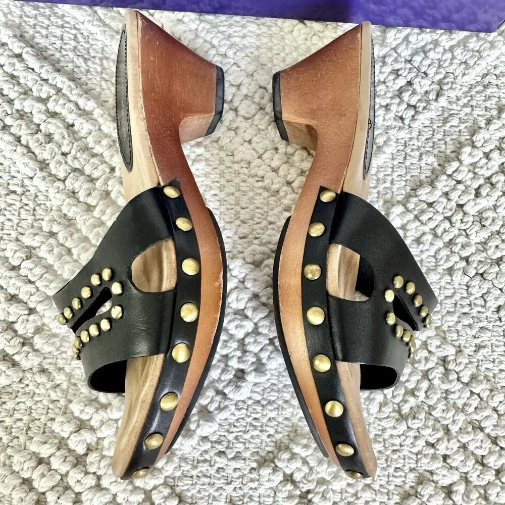 Enzo Angiolini Womens 5.5 Black Sandals Wood Heel Slide On Strap Fashion Y2k 90s
